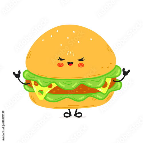 A cute, cartoon Burger character makes a rock and roll gesture with a smiling, happy face.