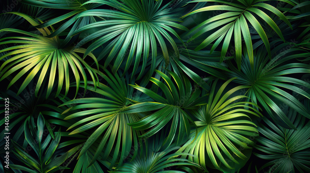 Fototapeta premium Lush green palm leaves create vibrant and tropical atmosphere, showcasing variety of textures and shades. This evokes sense of nature and tranquility, perfect for any botanical theme