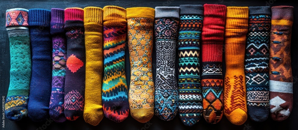 Colorful patterned socks, laid out, dark background. Possible use Stock photo Colorful patterned socks, laid out, dark background. Possible use Stock photo
