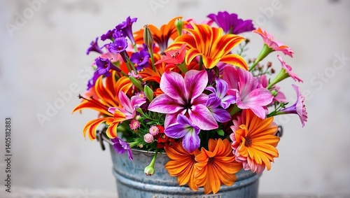 Wallpaper Mural Colorful Flowers in Galvanized Metal Bucket Torontodigital.ca