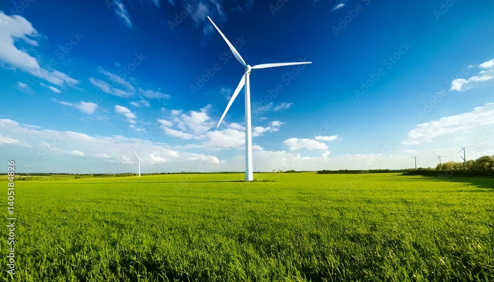 Wind turbine standing tall in the middle of a lush green meadow under a bright blue sky, representing clean energy, sustainability, and eco-friendly technology. Wind turbine standing tall in the middle of a lush green meadow under a bright blue sky, representing clean energy, sustainability, and eco-friendly technology.
