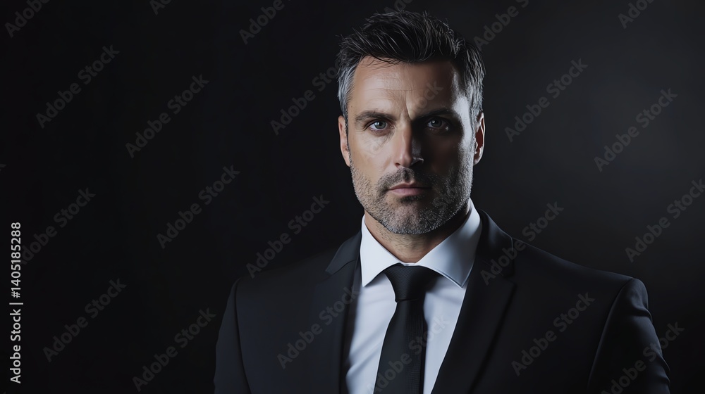 Mysterious CEO in suit with intense look, emerging from black background with cinematic tone Mysterious CEO in suit with intense look, emerging from black background with cinematic tone