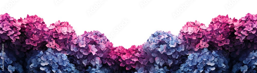 Obraz premium Vivid Hydrangea Border. Purple to Blue Flowers in Garden setting, graphic resource