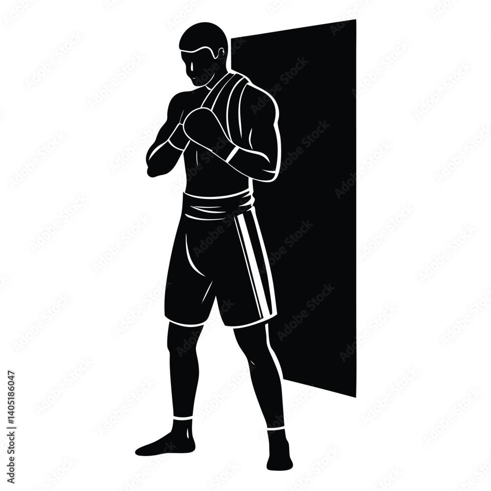 Boxer standing in corner, towel over shoulders silhouette Vector illustration Boxer standing in corner, towel over shoulders silhouette Vector illustration