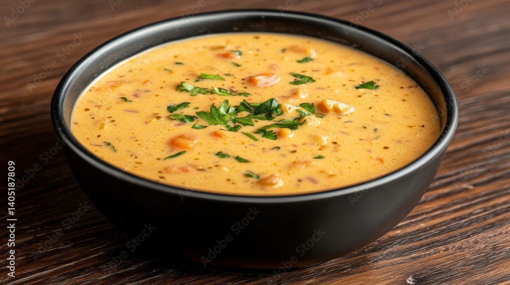 A bowl of creamy orange soup garnished with parsley sits on a wooden table. A bowl of creamy orange soup garnished with parsley sits on a wooden table.