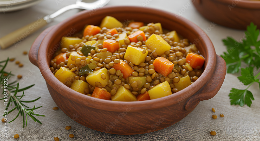 Rustic Lentil Stew Featuring Potatoes and Carrots in Earthenware Bowl Rustic Lentil Stew Featuring Potatoes and Carrots in Earthenware Bowl