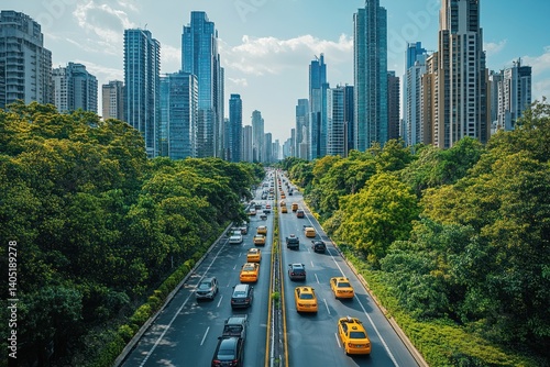 Urban highway through a verdant city