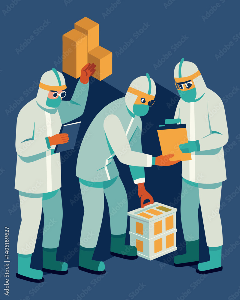 Workers in protective gear carefully examining each individual unit of recalled product searching for any imperfections or defects.. Vector illustration Workers in protective gear carefully examining each individual unit of recalled product searching for any imperfections or defects.. Vector illustration
