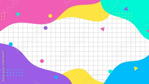 4k animated wavy colorful frames on transparent checked background. Yellow purple pink green blue geometric shapes seamless looped. Color cartoon childish design style. Image animation Summer hot sale