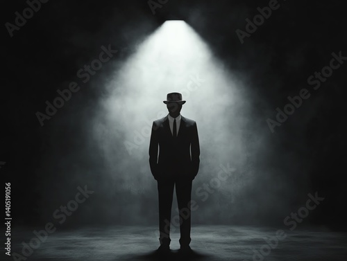 Faceless man in black suit in glowing spotlight, mystery and identity, 3D illustration