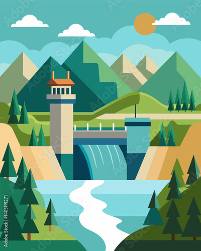 A serene countryside landscape with a small hydroelectric dam quietly generating electricity from the natural flow of a nearby river.. Vector illustration