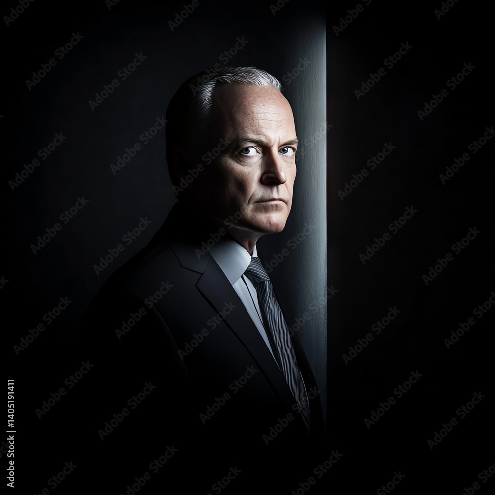 Fototapeta premium Photorealistic businessman partially lit in dark room, visual metaphor for secrecy, 3D illustration