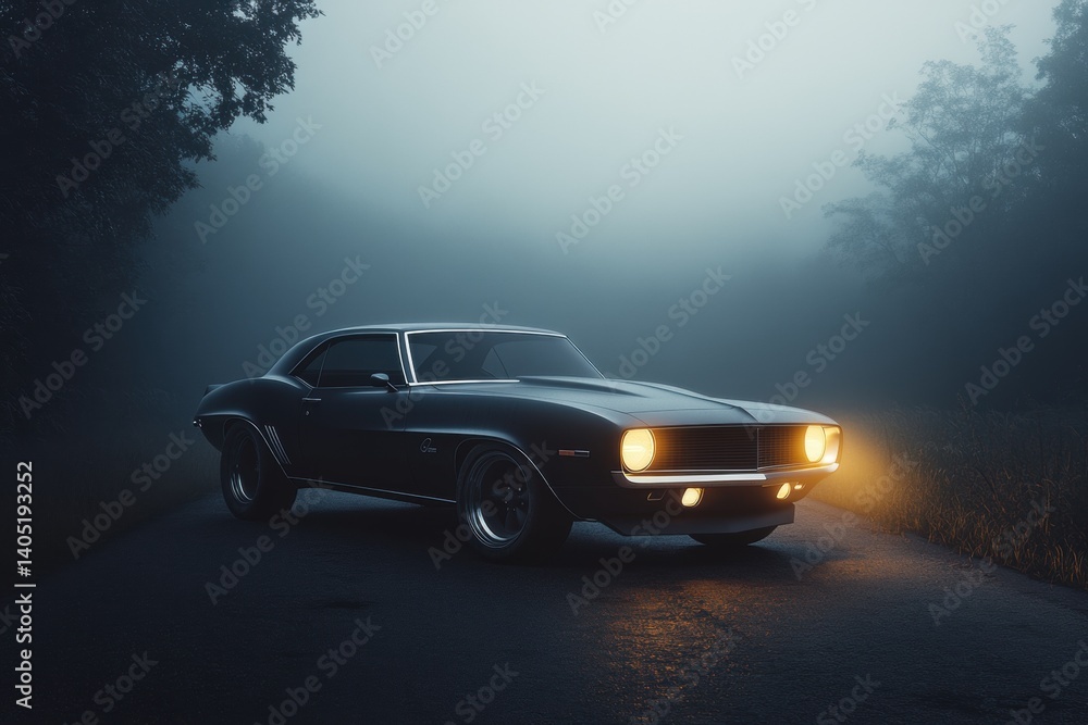 Dark, foggy road embraces classic muscle car. Dark, foggy road embraces classic muscle car.