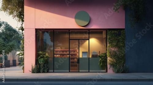 Wallpaper Mural Pink bakery storefront, evening light, green plants, city street Torontodigital.ca