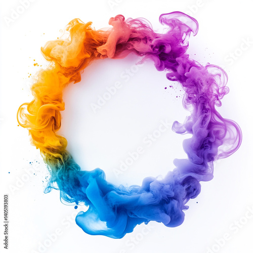 A vibrant circular splash of colorful smoke, blending pink, purple, blue, and yellow hues, creating a dynamic and visually striking image.