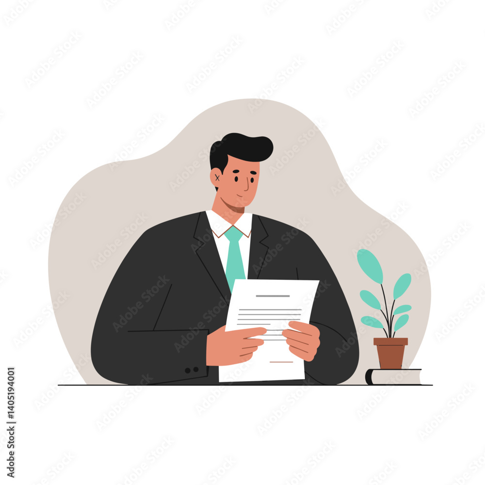 Businessman reviewing contract with a plant in a modern office Businessman reviewing contract with a plant in a modern office
