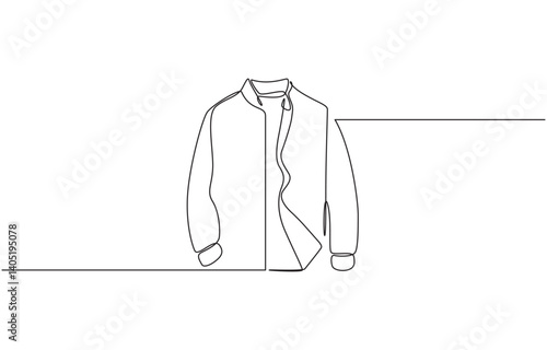 Jacket in continuous line art drawing style. Men's clothing garment black linear design, Jacket continuous one line drawing of jacket icon linear design isolated on white background outline.