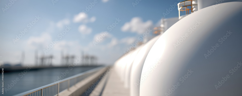 Large hydrogen storage domes are lined up along waterfront, with blurred background of turbines and clear blue sky. scene conveys sense of modern energy infrastructure and innovation