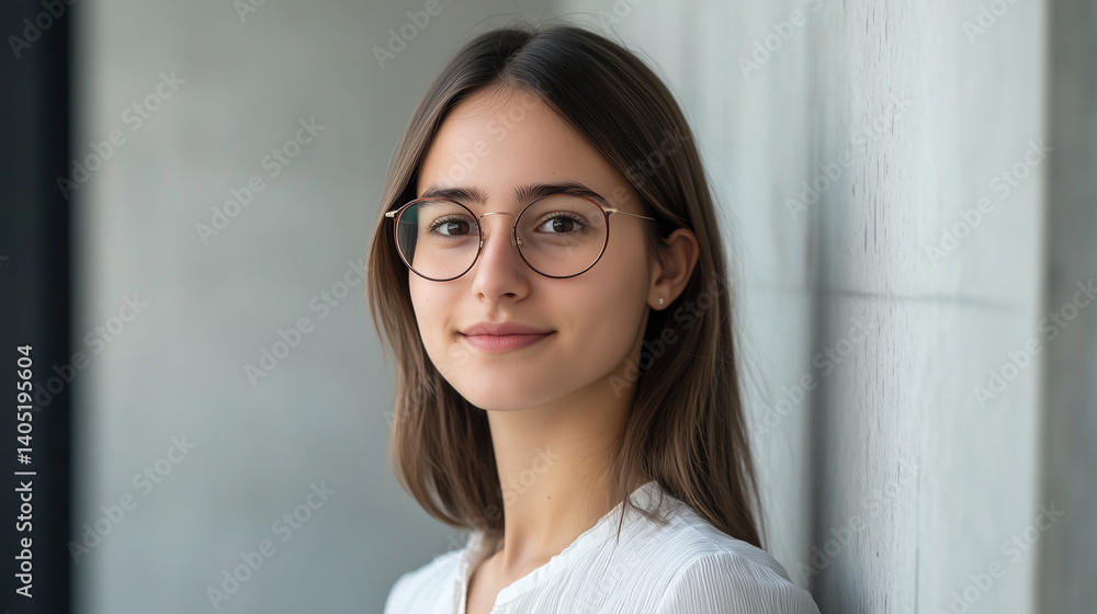 Young woman with glasses in thoughtful pose, conveying creativity and intellect Young woman with glasses in thoughtful pose, conveying creativity and intellect