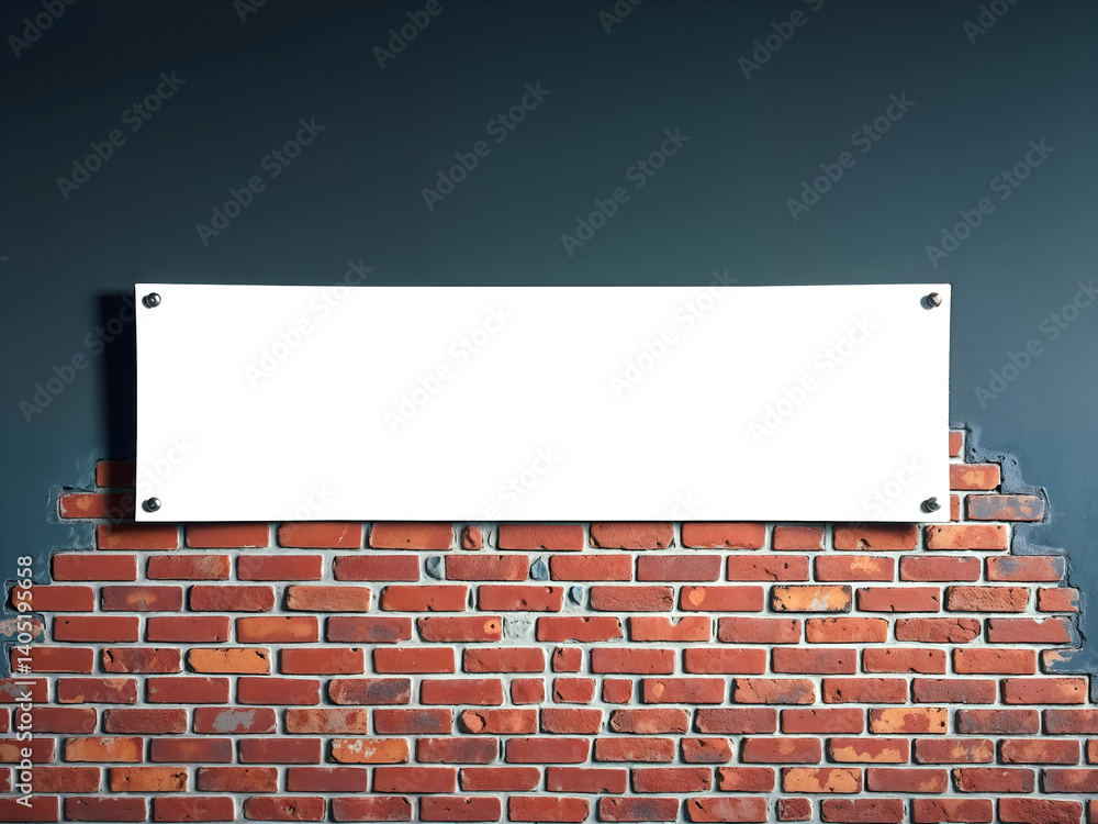 Transparent signboard on red brick wall with night lighting, suitable for advertisement or message.