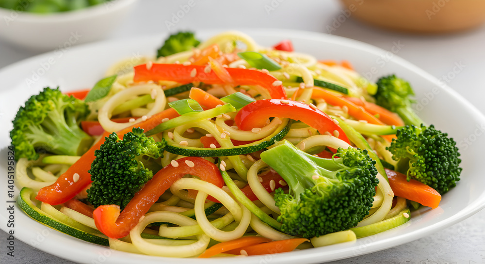 Vibrant zoodle stir-fry with garden vegetables and sesame oil delight Vibrant zoodle stir-fry with garden vegetables and sesame oil delight