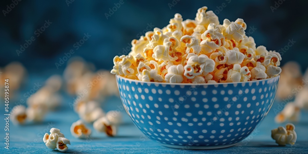 Freshly popped popcorn in a blue polka dot bowl sits on a textured surface with scattered kernels around it Freshly popped popcorn in a blue polka dot bowl sits on a textured surface with scattered kernels around it
