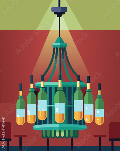 A whimsical chandelier crafted from discarded glass bottles and wire hangs in a trendy restaurant adding a touch of sustainability to the decor.. Vector illustration