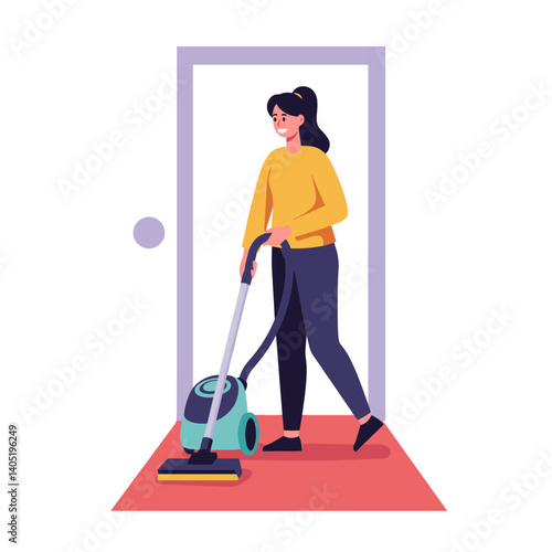 Woman vacuuming carpet in hallway with a cheerful expression  