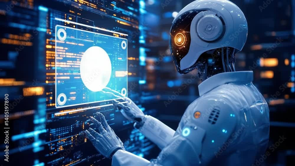 Futuristic humanoid robot working on multiple high-tech computer screens in a modern AI research center,demonstrating machine intelligence, deep learning,cybernetic progress in artificial intelligence Futuristic humanoid robot working on multiple high-tech computer screens in a modern AI research center,demonstrating machine intelligence, deep learning,cybernetic progress in artificial intelligence