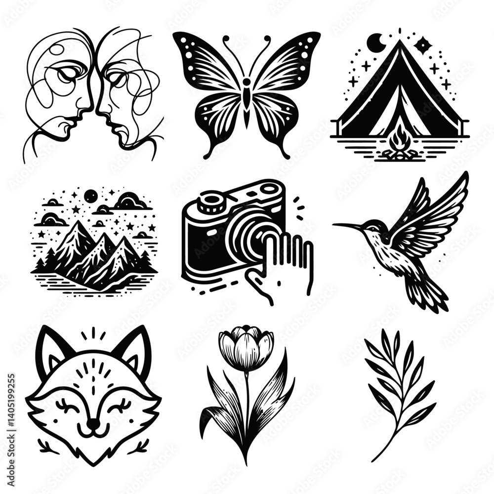 Obraz premium Set of Minimalist Black Line Tattoo Vector Icons3.ai