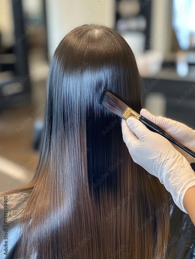 Naklejka premium Applying Hair Color Treatment to Long Shiny Brown Hair at Salon