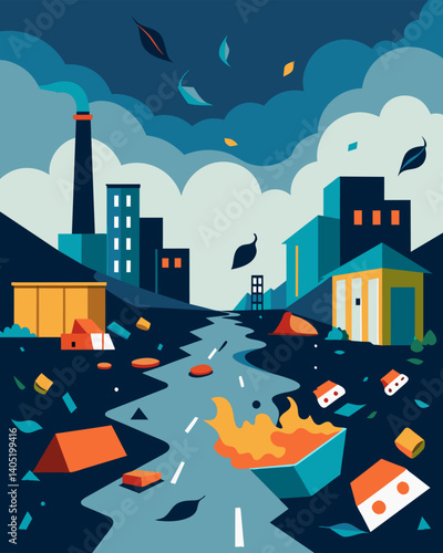 The streets surrounding the factory are littered with bits of trash and debris swept away by the heavy winds caused by the factorys emissions.. Vector illustration