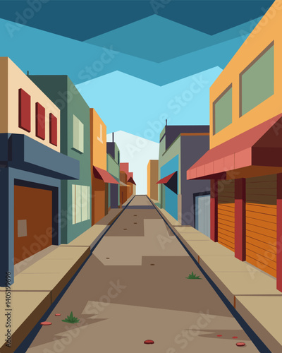 The streets are lined with empty storefronts and boardedup buildings remnants of a declining industrial era.. Vector illustration
