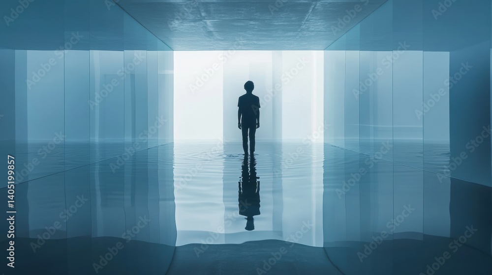Fototapeta premium Solitary figure stands in a vast, light-filled, reflective space.