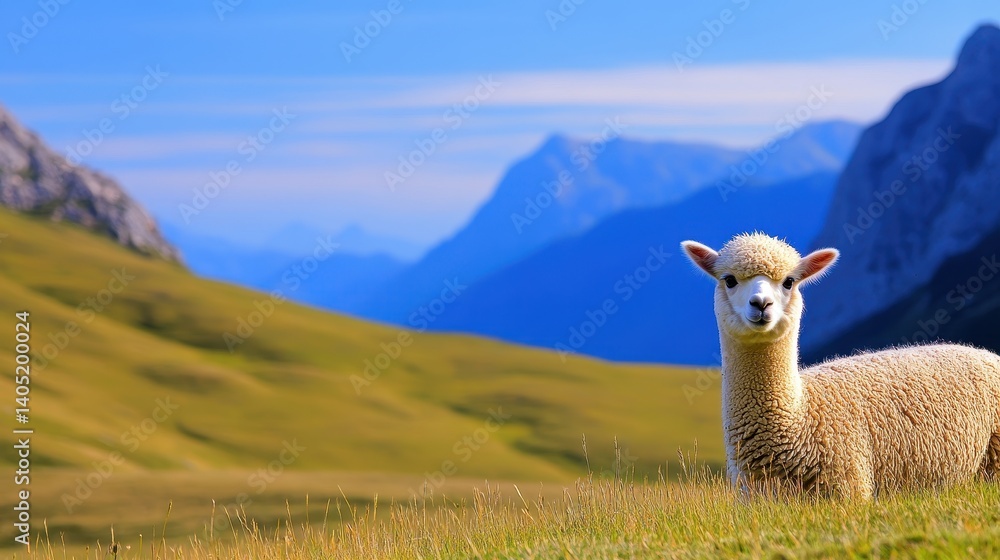 A curious lamb stands in a lush green meadow with majestic mountains in the background A curious lamb stands in a lush green meadow with majestic mountains in the background