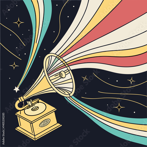 Abstract light waves surrounding a golden trophy in outer space