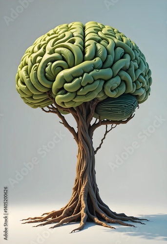 Surreal tree with brain shaped foliage combining nature and intelligence concept art
