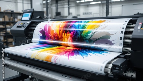massive digital printer hums precision glides across expansive media, unleashing vibrant cascades color. calibrated output photorealistic materializes stunning clarity testament artistry professional.