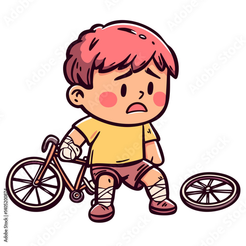 Sad boy with injured knees and arm, man sitting near broken bicycle, cyclist in a street traffic accident, doodle cartoon character clip art, isolated simple vector illustration