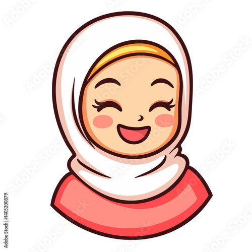 Happy smiling girl portrait in white headscarf, woman in traditional head scarf, islamic muslim hijab, cartoon character clip art, kawaii isolated cute clean and simple vector illustration