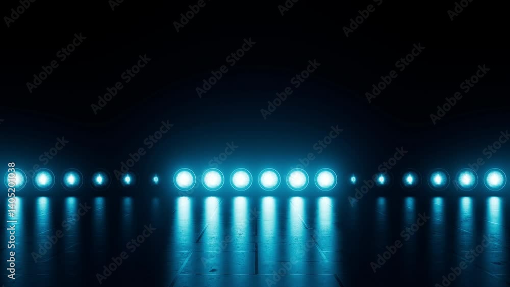 Bright flash lights animated background. Abstract stage illumination. Blue blinking spotlights. Empty studio space. Seamless loop.