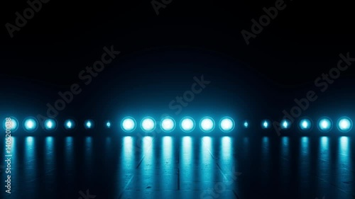 Bright flash lights animated background. Abstract stage illumination. Blue blinking spotlights. Empty studio space. Seamless loop.