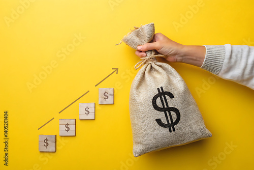 Growing wealth through investment with a money bag and plant against a yellow background