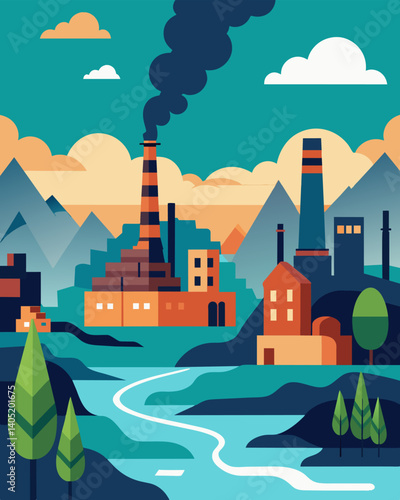 The dreary landscape of factories lining the riverbank their constant carbon emissions revealing the excessive industrial production.. Vector illustration