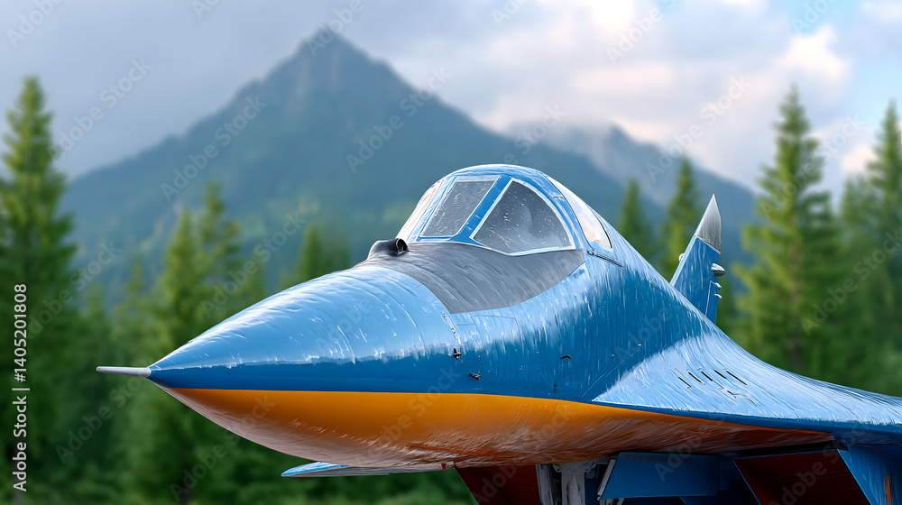 custom made wallpaper toronto digitalBlue fighter jet nose, mountains backdrop. Generative AI