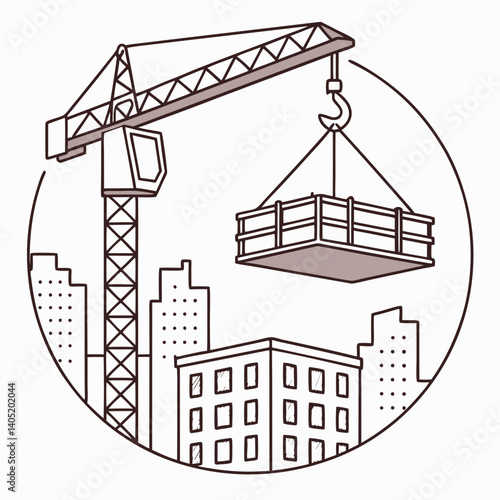 Tower crane icon with steel cables and construction load