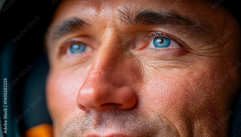 Close-up of a man's face, showcasing his intense blue eyes and weathered skin, looking upwards. Generative AI Close-up of a man's face, showcasing his intense blue eyes and weathered skin, looking upwards. Generative AI