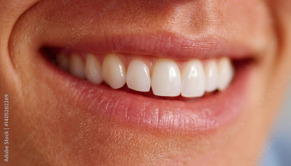 Fototapeta premium Close-up of a person's bright, healthy smile showing even, white teeth. Generative AI
