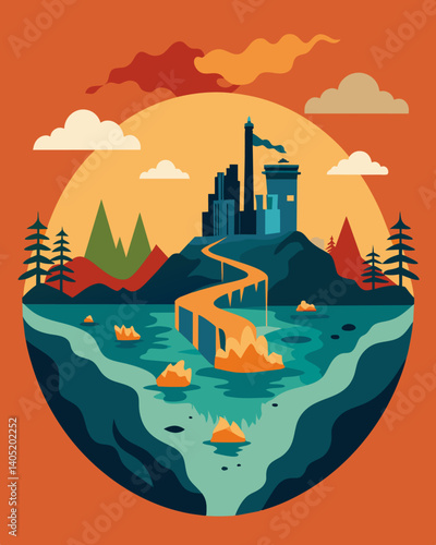 A onceidyllic landscape now bears the scars of waste incineration a reminder of the irreversible damage caused by our wasteful habits.. Vector illustration