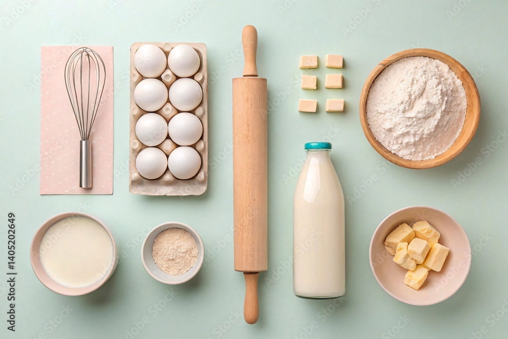 Minimalist Baking Ingredients Flat Lay – Eggs, Rolling Pin, Whisk & Flour on Light Pastel Background Minimalist Baking Ingredients Flat Lay – Eggs, Rolling Pin, Whisk & Flour on Light Pastel Background